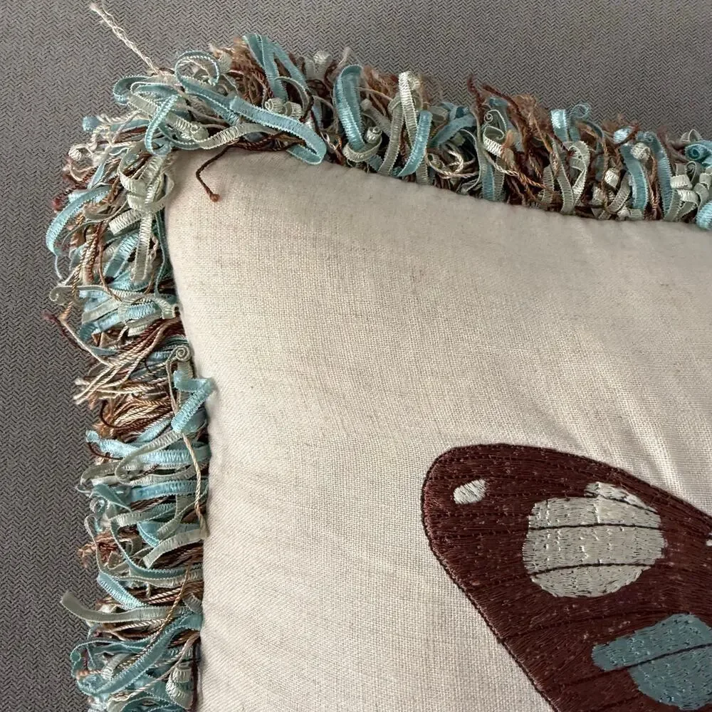 Decorative Butterfly Accent Throw Pillow 14x17 Fringe Trim Cottage Style